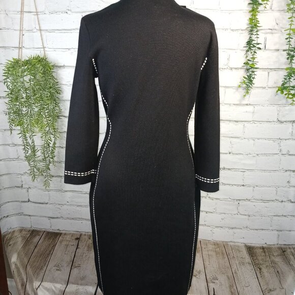 DKNY SWEATER SHEATH FITTED DRESS, BLACK WITH WHITE STITCHING, SIZE SMALL - Picture 4 of 10